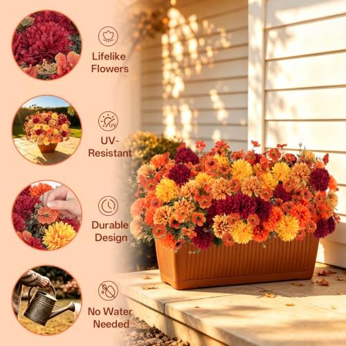 12 PCS Artificial Fall Flowers for Outdoors, UV Resistant Fake Mums