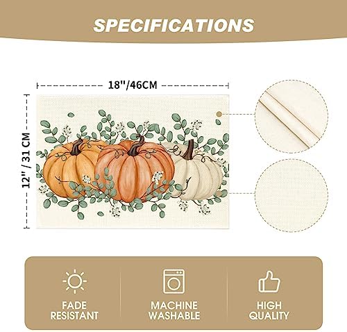 Artoid Mode Orange Pumpkin Eucalyptus Fall Placemats Set of 6, 12x18 Inch Seasonal Table Mats for Table Runner Party Kitchen Dining Decoration