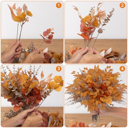 lovemoon 130 Pcs Fall Mixed Greenery Artificial Eucalyptus Stems, Orange