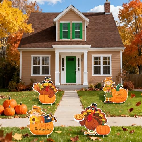 4Pcs Thanksgiving Outdoor Decorations Turkey Scarecrow Pumpkin Yard Signs with Stakes, Outdoor Thanksgiving Yard Decorations for Home Lawn Patio Garden Harvest Party