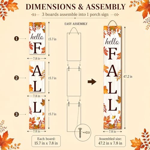 HELLO FALL Porch Sign, 47.2 Inch Wooden Vertical Sign, Maple Leaf Decor
