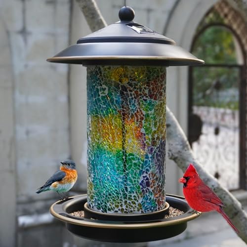 Solar Bird Feeder for Outdoors Hanging with Stained Glass, Fragment