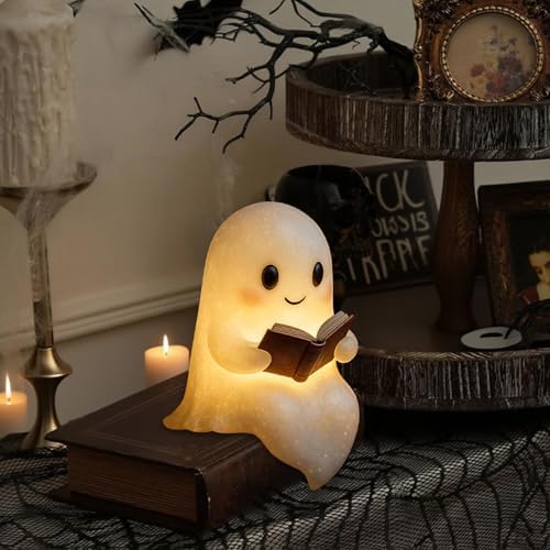 QETRABONE Halloween Ghost Reading Book Lamp, Funny Ghost Figurine Statue