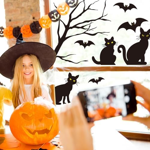 Whaline 6 Sheets Halloween Black Cat Window Clings Spooky Cat Bat Silhouette Reusable Window Decals for Haunted House Home Office School Glass Decor Party Supplies