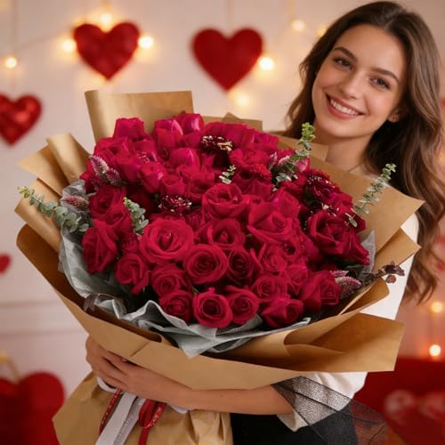 100Pcs Red Roses Artificial Flowers with Stems，Fake Roses Bouquet Fake Flowers Bulk，Silk Velvet Roses for Wedding Centerpieces Arrangement Baby Shower Birthday Home Decor Gifts