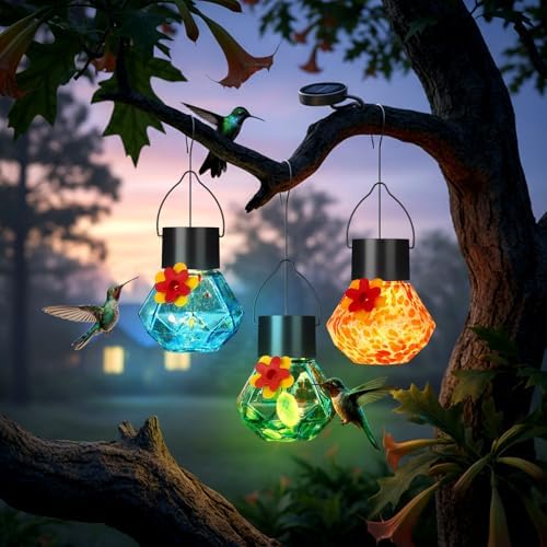 Nuogo 3 Pcs Blown Glass Hummingbird Feeder Gift Solar LED, Color C, Novel