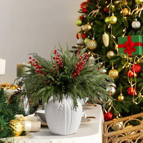 15 Pcs Christmas Norfolk Pine Branches Red Berry Stem Faux Christmas Sprigs