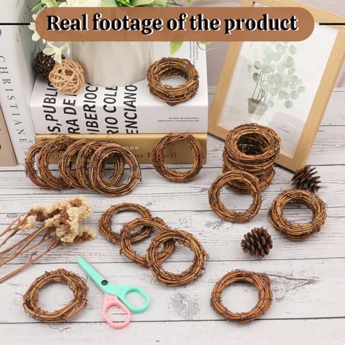 70 Pcs 2.4 Inch Natural Grapevine Wreath Set, Natural Rattan Wreath,Hand-Woven 2.4 Inch Vine Branch Wreaths, Perfect for DIY Crafts, Christmas Decorations, and Wedding Supplies