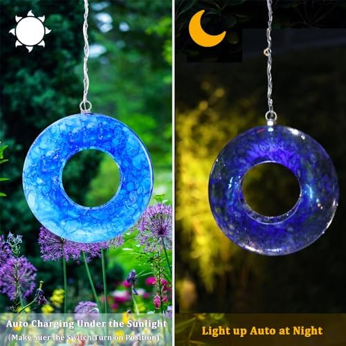 Yinns Glass Bird Feeder, Hanging Solar Birdfeeder for Garden Decor, Blue