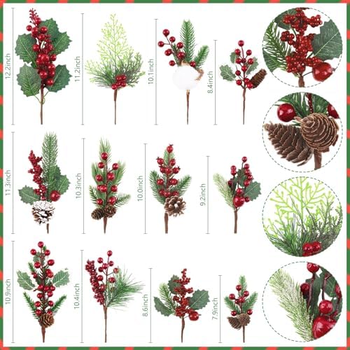12 Pcs Pine Cones Red Berry Picks Stems Christmas Floral Picks and Sprays