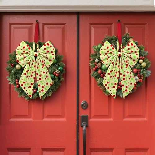 Suncalla 2 Pcs Red Green Christmas Dot Wreath Bows 18'' x 12''