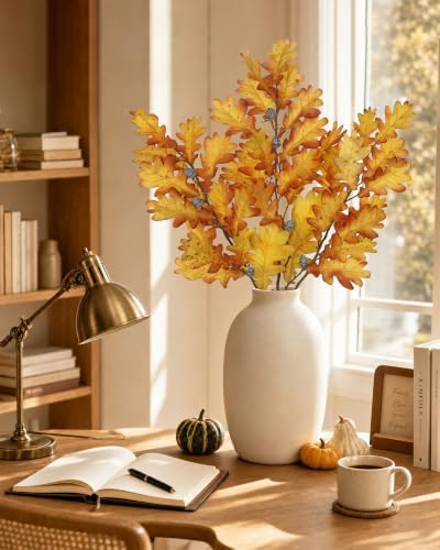 35" Long Faux Oak Leaf Stems with Acorns, 3Pcs Fall Stems for Vase Yellow