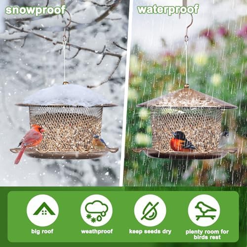Bird Feeder for Outdoor Metal Hanging 9.8" Roof 4.5 LBs Capacity
