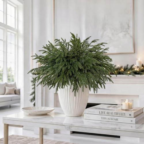 32 Pcs Christmas Norfolk Pine Stems, Real Touch Artificial Greenery Picks