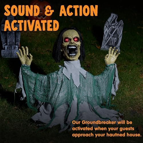 JOYIN Halloween Outdoor Animatronic Groundbreaker Decorations, Half-Body Zombie Groundbreaker with Motion and Light-Up Eyes, for Outside Decor Graveyard Yard Lawn Haunted House Props