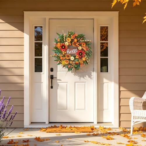 24 Inch Artificial Fall Wreaths for Front Door Outside with Hello Sign''