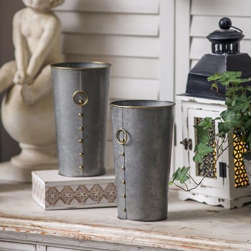 SOFE Galvanized Bucket Metal Vases Set of 2, Rustic Floral Buckets 10" Tall