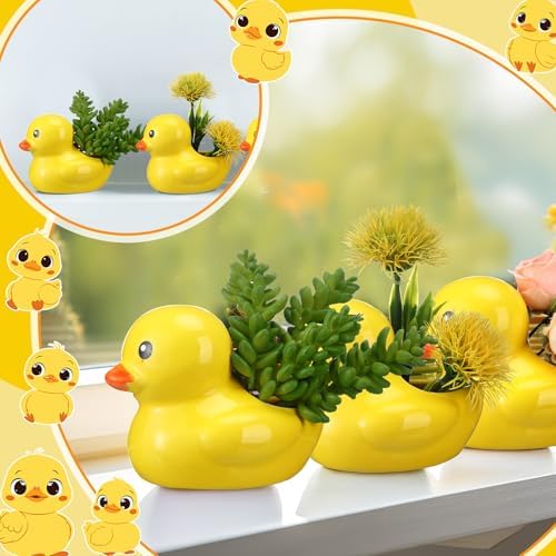 Sieral 3 Pcs Yellow Duck Shaped Ceramic Planter Duck Flower Vase Cute Cartoon Animal Flower Planter Pots for Indoor/Outdoor Gardens Decoration Home and Nursery Decor