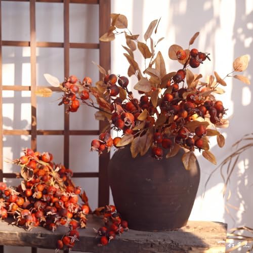Wavwavw 6 Pcs Artificial Fall Rose Hip Stem 21" Faux Dried Berry Branch