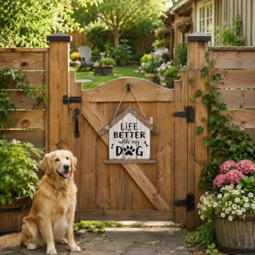Smile Pet Wooden House Shaped Door Hanger,Life is Better with My Dog and Dog Paw Print Bone Door Sign for Pet Lover Home Front Door Porch Wall Decorations