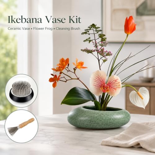 Flower Frog Vase Kit, Ceramic Water Drop Ikebana Pot, Green
