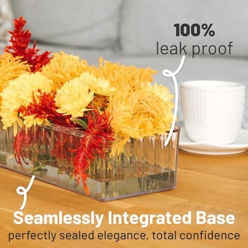 D&D Living 4 Pack Leak-Proof Acrylic Rectangle Vases for Centerpieces - 12" Low-Profile Wave Design Decorative Vases, 12-Hole Flower Grid Insert & Removable Lid for Table Home Decor