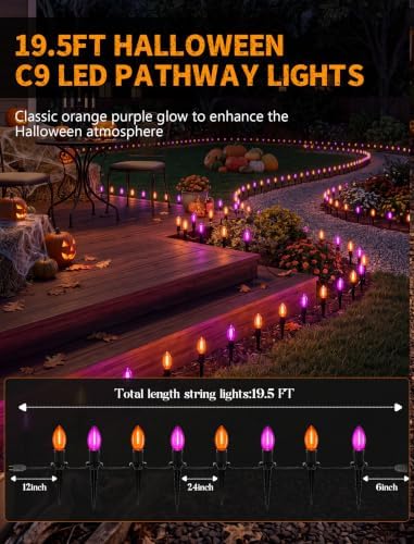 Halloween Pathway Lights 19.5FT, 10 C9 LED Purple & Orange Bulbs Plug In