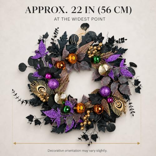 22-Inch Black and Purple Halloween Wreath for Front Door with Light String