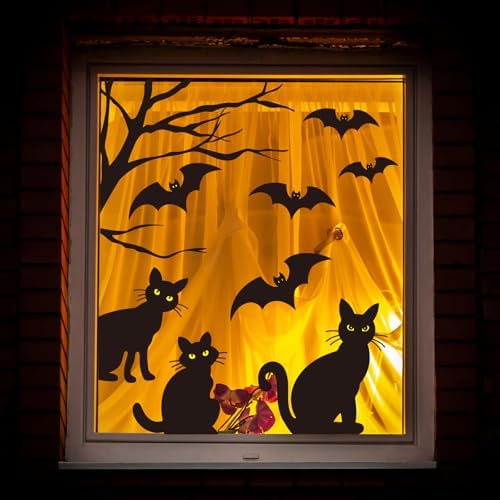 Whaline 6 Sheets Halloween Black Cat Window Clings Spooky Cat Bat Silhouette Reusable Window Decals for Haunted House Home Office School Glass Decor Party Supplies