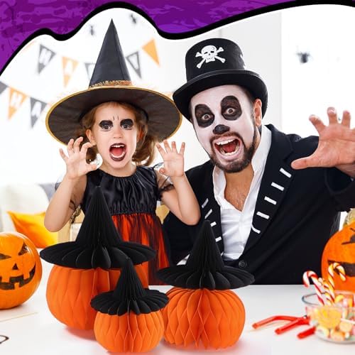 Cinnvoice 3 Pcs Halloween Fall Pumpkin Honeycomb Decor, Smaller, Wicth Hat
