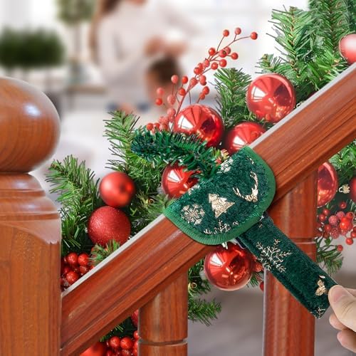 8 Pcs Railing Protection Christmas Garland Ties, Green Decorative Banister Garlands Hanger, Adjustable Banister Protective Padded Faux Pine Stems Garland Ties for Staircase Wreath Home Holiday Decor