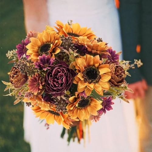 GTIDEA 2 Bundles Fall Artificial Flowers Bouquet, Fake Sunflowers Flowers