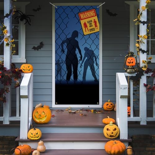 Halloween Door Backdrop Banner Warning Zombies Leave This Area Creepy Devil Go Crazy Terror Theme Scary Halloween Party Decoration Supplies for Women Men 80x35 Inch