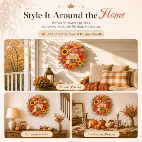 22 Inch Fall Wreaths for Front Door, Harvest Sunflower Wreath