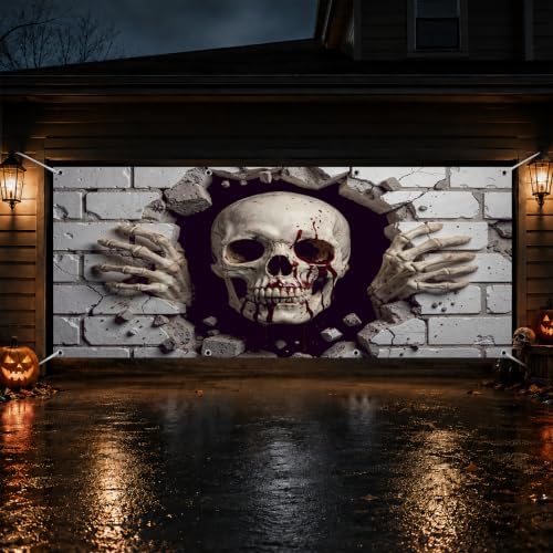 Halloween Garage Door Cover 7 x 16 ft, Breaking Skull Banner