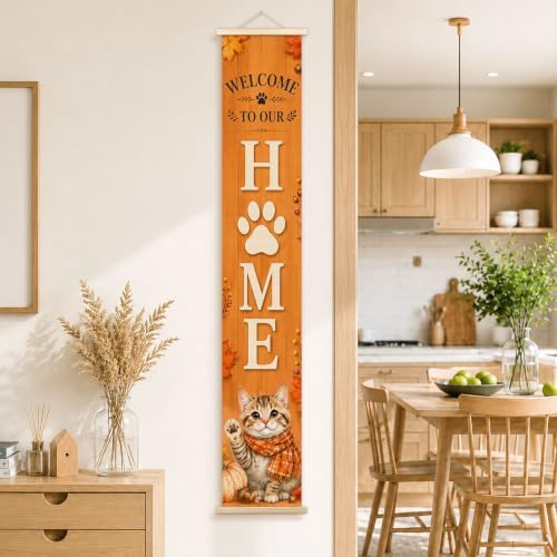 Fall Cat Welcome to Our Home Porch Door Banner Wall Decorations 8x47