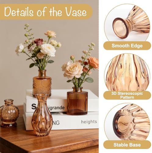 Petal Petite Small Amber Glass Bud Vase Set of 6 for Wedding Centerpieces