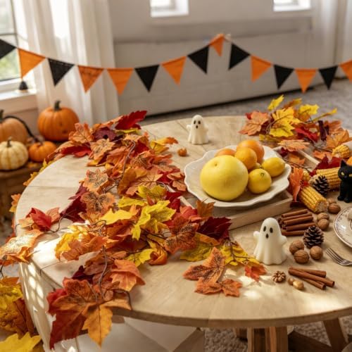 CQURE 13 Pack Artificial Fall Leaf Garland (76.7Ft Total), Autumn Garland Maple Leaves Vines for Thanksgiving Home Fireplace Arch Decor