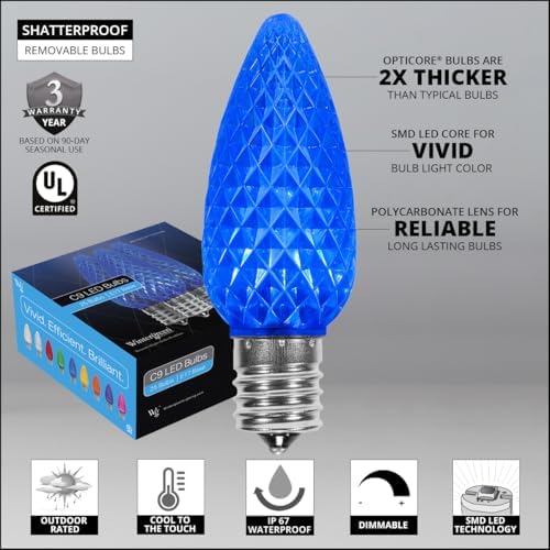 Wintergreen Lighting 50' OptiCore LED C9 Blue Pathway Christmas Lights, Heavy Duty Bulbs for Driveway, Walkway Marker, 5" Commercial PathPRO Stakes, 18 Gauge Green Wire