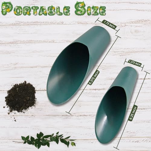 Home-X Set of 2 Soil Scoops - Mini Hand Scoops for Transplanting, Weeding, and Potting - Small Garden Scoop, Potting Scoopers, Bonsai Tool - Set of 2 Different Sizes 6½" x 2½" and 6¼" x 1¾" - Green