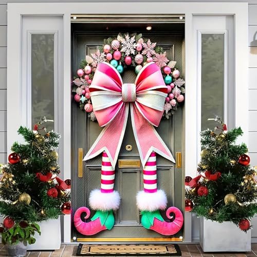 BlissYard Christmas Door Cover Elf Bow 35x71 Inch Polyester