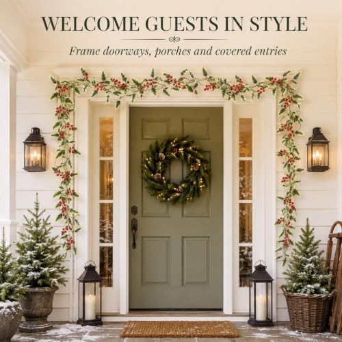 RAINFLOW Christmas Garland with Holly Berry Vine - Artificial Xmas Greenery