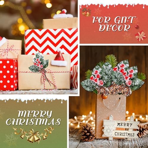 Yunlly 60 Pcs Christmas Pine Picks Holly Berry Pinecones, Snow Style