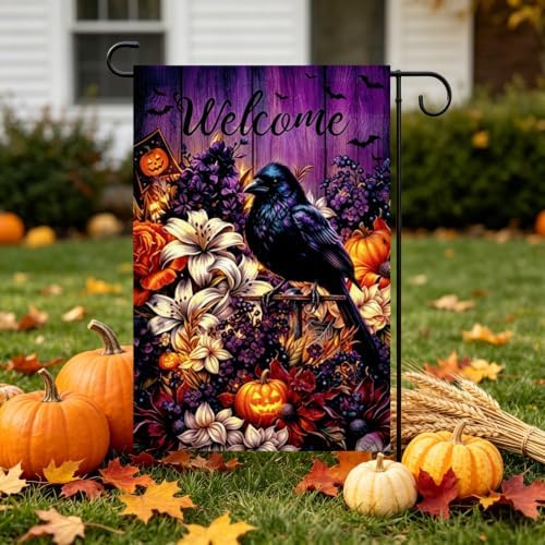 Halloween Crow Flower Garden Flag 12x18 Double Sided,Yard Flag for Outside