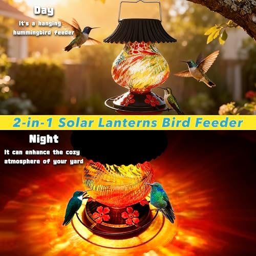 Solar Hummingbird Feeder, Hand Blown Glass Multicolor Night Lights