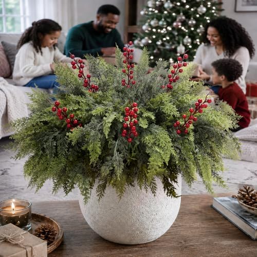 24 Artificial Christmas Cedar Branches, 17.5", with 6 Red Berry Picks