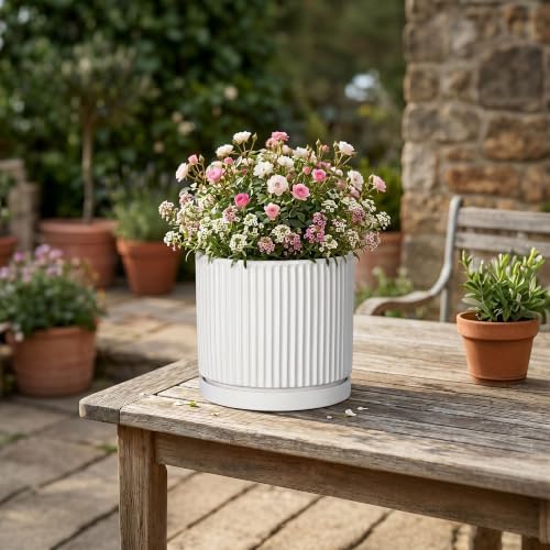 Ceramic Plant Pots 6 Inch, Round Pots for Plants with Tray, White
