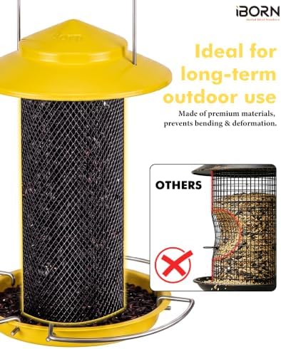 iBorn Tube Bird Feeder for Small Seeds, Wild Bird Feeder with 3 Fold-Down Perches, Detachable Easy-Clean Mesh Design, Locking Base, 1.5L Metal Bird Seed Feeder for Outside, Yellow, Pack of 1