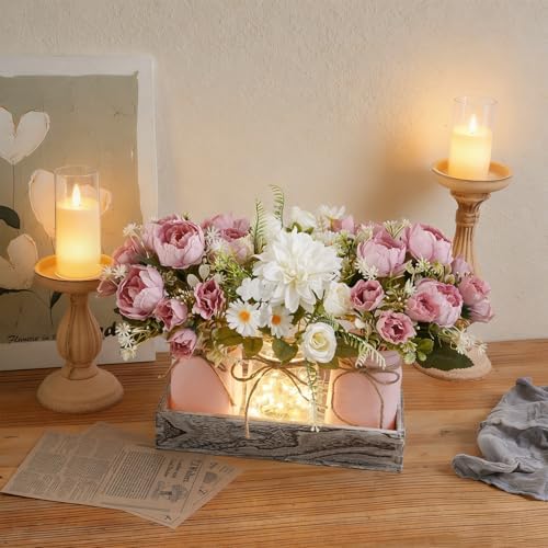 Artificial Spring Pink Rose Flowers in Mason Jars with Rustic Wood Tray