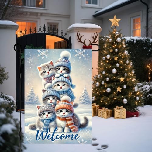BlissYard Garden Flag Kitten Snowy Landscape Winter 12x18 Inch Polyester